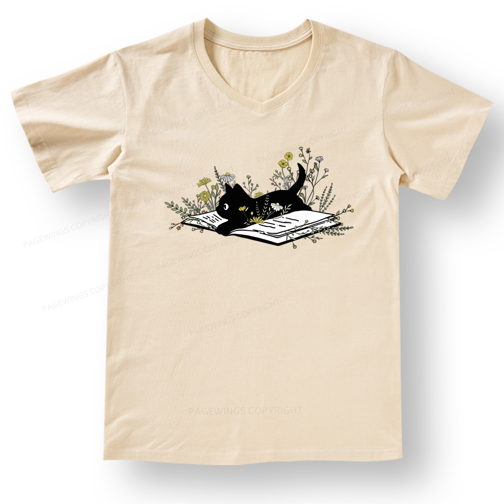 Pagewings Cute Book Cat V-neck T-shirt 