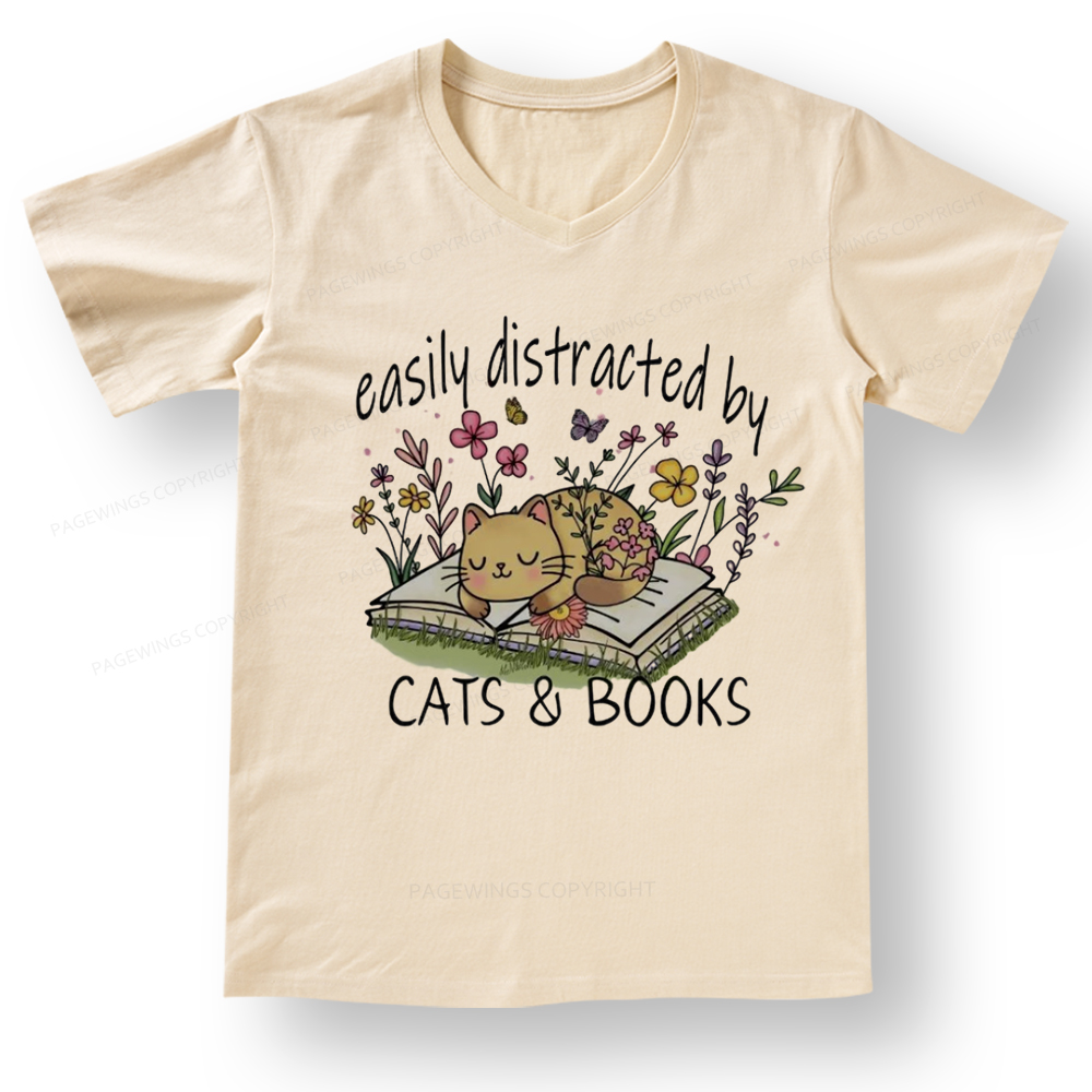 Pagewings Easily Distracted By Cats And Books V-neck T-shirt