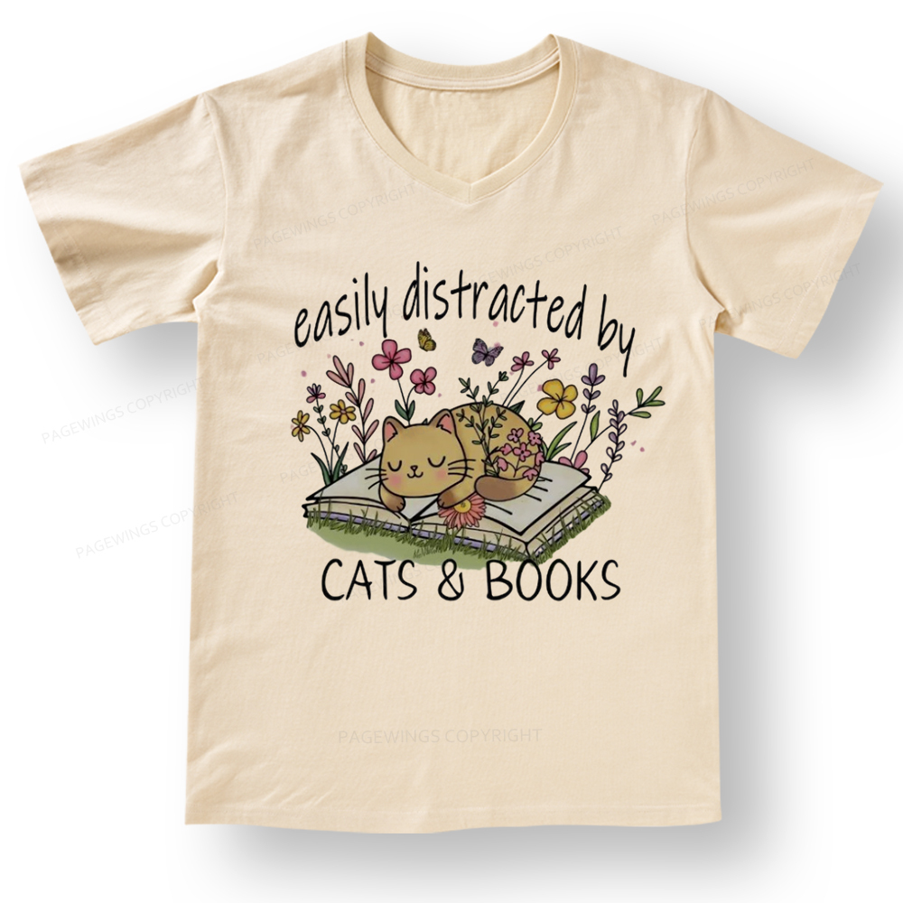 Pagewings Easily Distracted By Cats And Books V-neck T-shirt