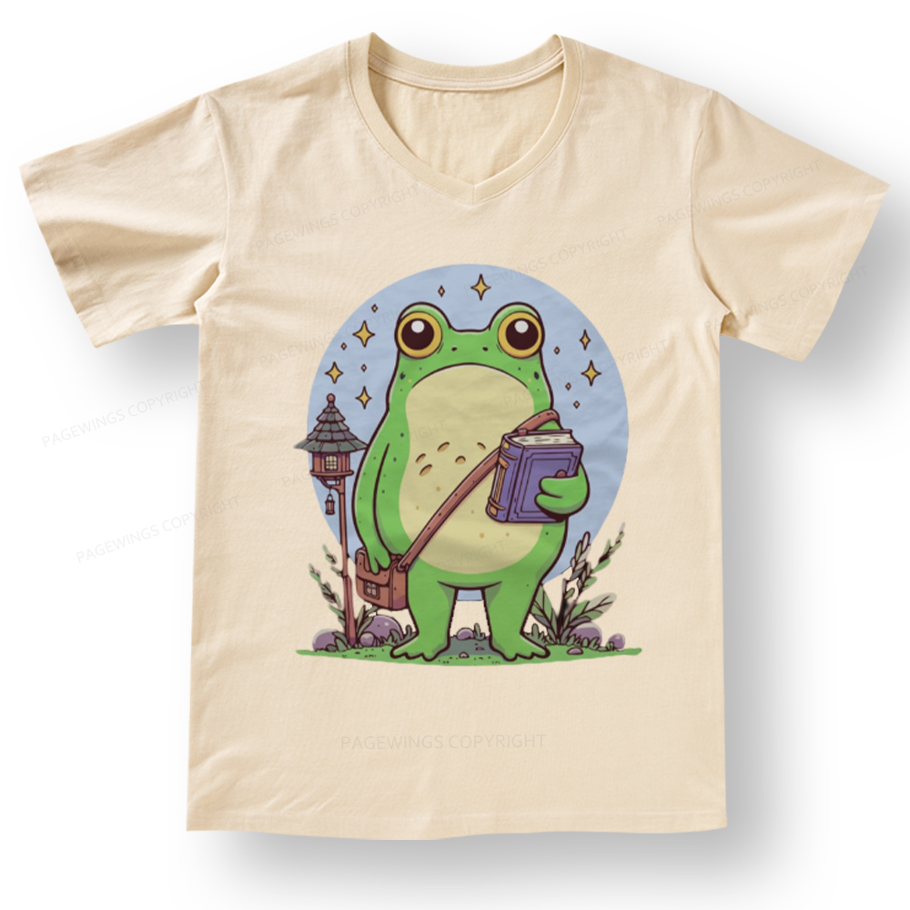 Pagewings Frog Reading Book V-neck T-shirt