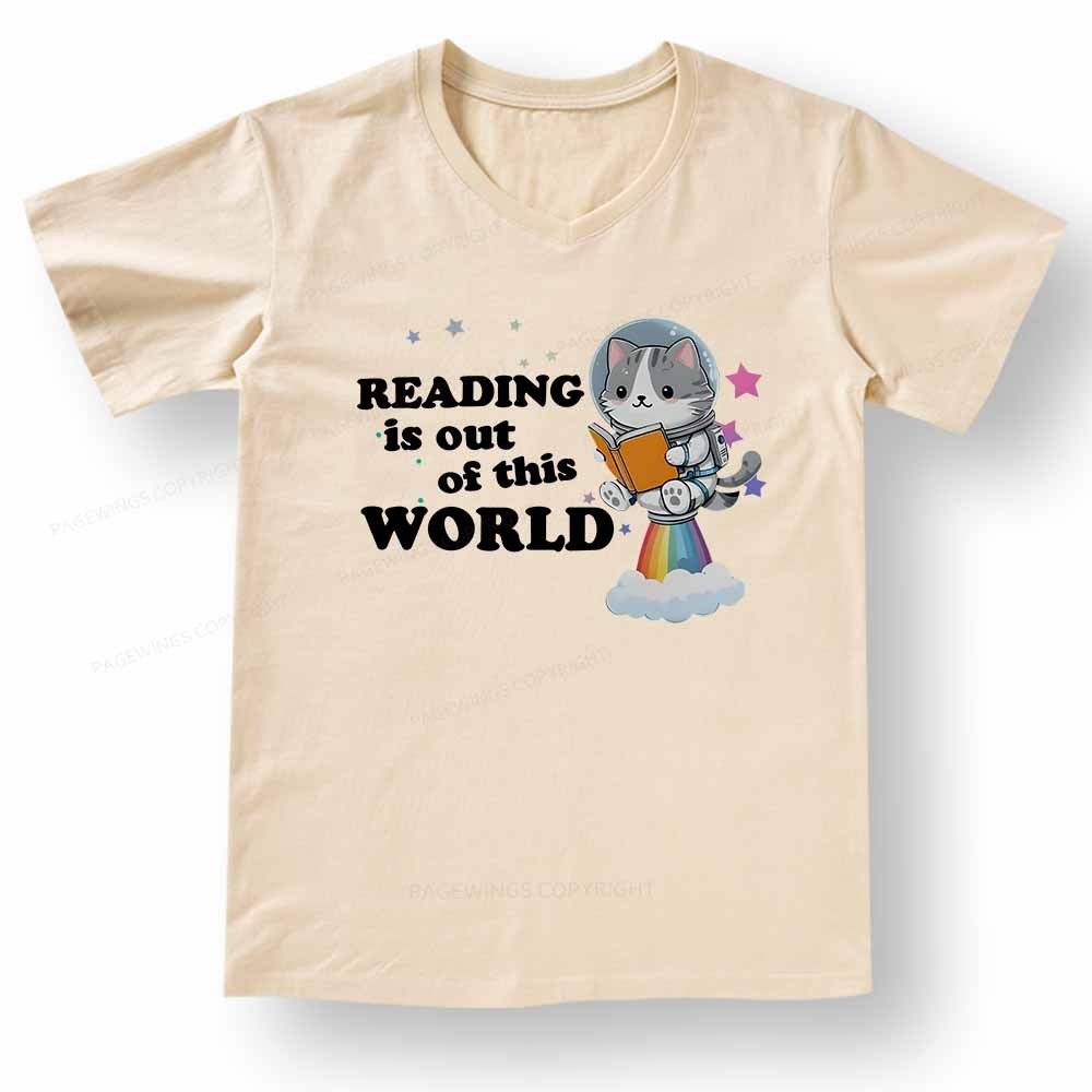 Pagewings Cat Reading in Space V-neck T-shirt