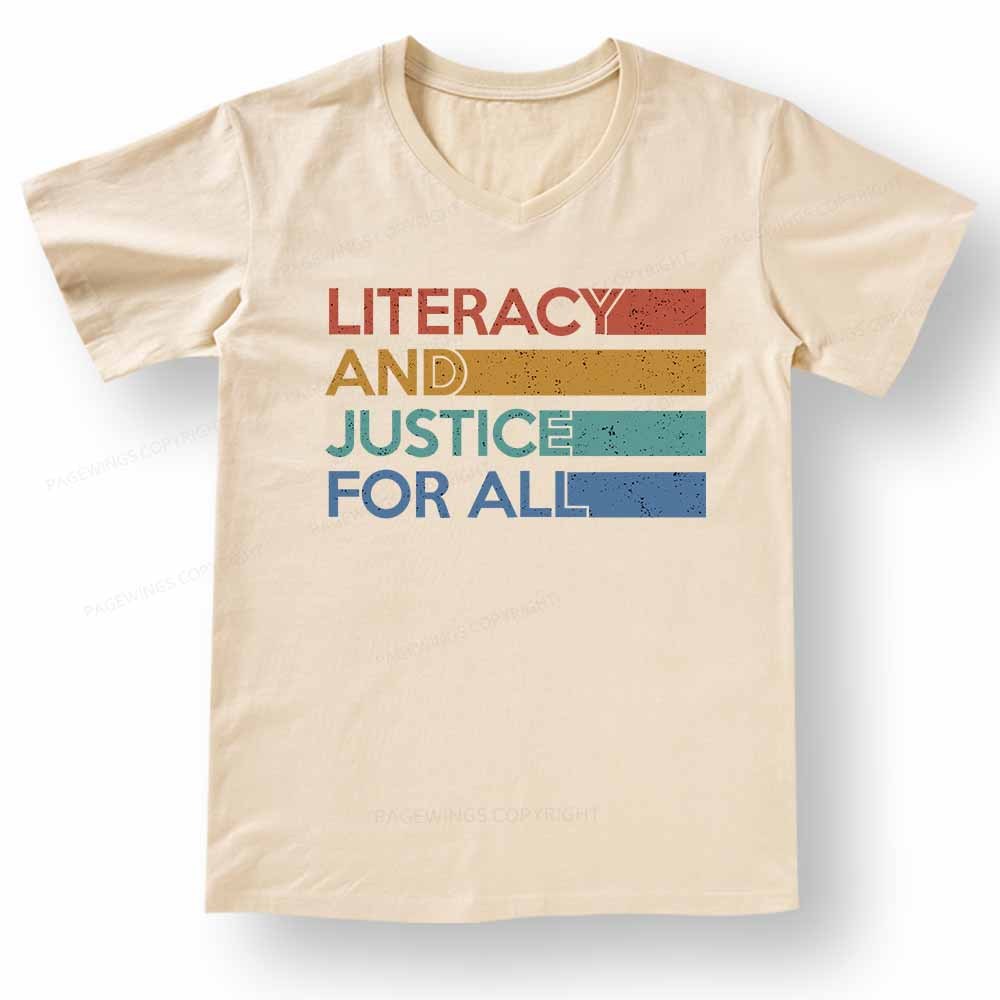 Pagewings Literacy and Justice For All V-neck T-shirt 