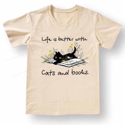 Pagewings Life Is Better With Cats And Books V-neck T-shirt