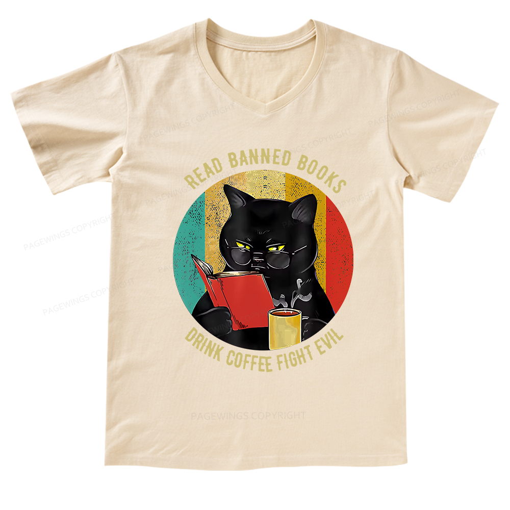 Pagewings Read Banned Books Drink Coffee Fight Evil Retro Cat Lovers V-neck T-shirt