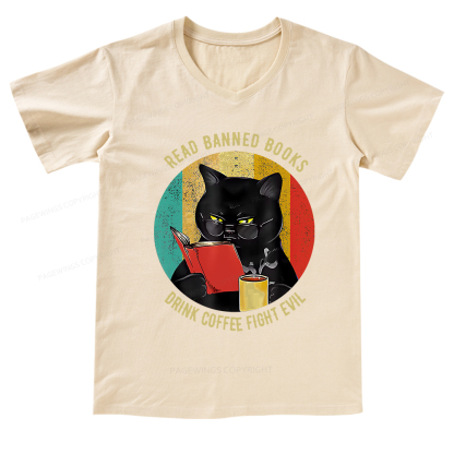 Pagewings Read Banned Books Drink Coffee Fight Evil Retro Cat Lovers V-neck T-shirt 