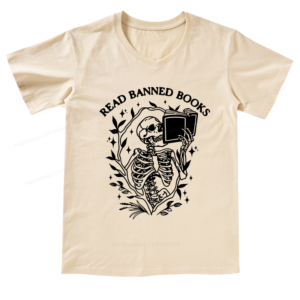 Pagewings Read Banned Books Skeleton Halloween Goth Protest T-Shirt V-neck T-shirt
