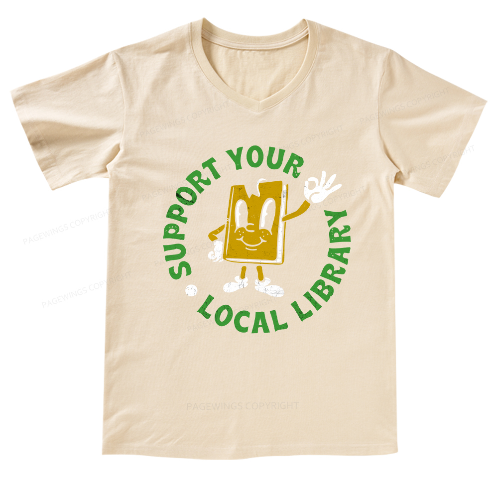 Pagewings Support Your Local Library Adult V-neck T-shirt