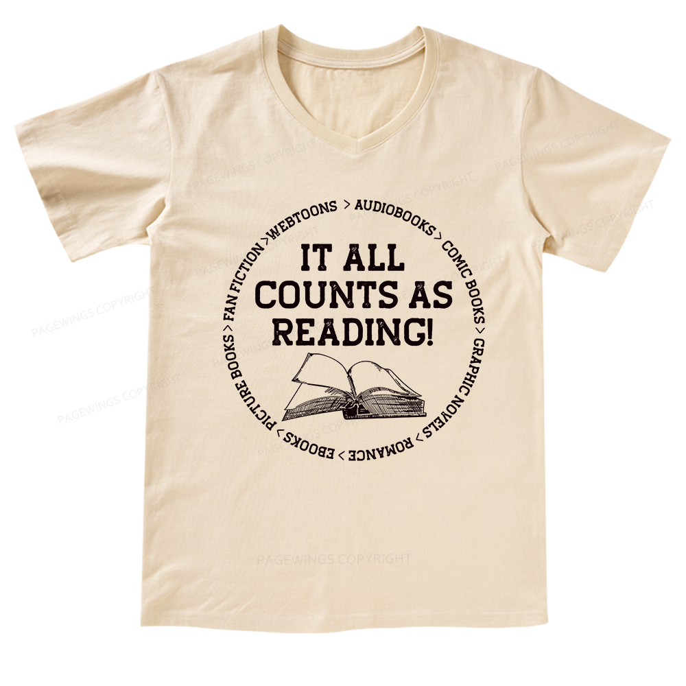 Pagewings It All Counts As Reading V-neck T-shirt