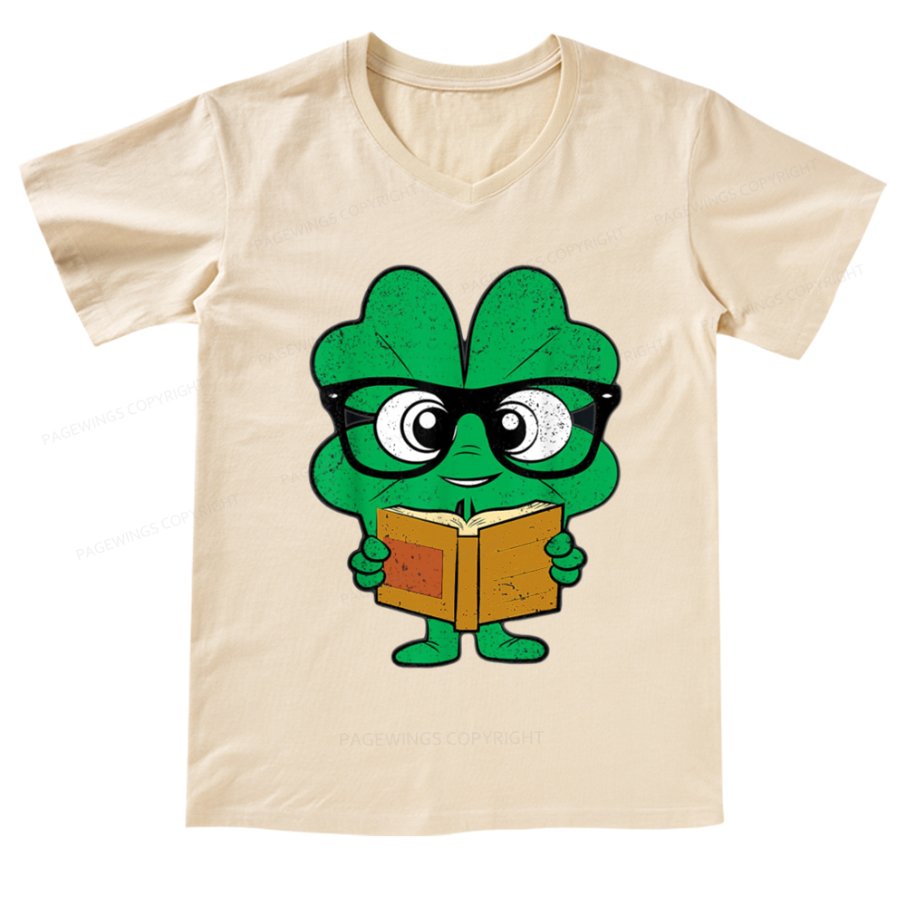 Pagewings Shamrock Reading Books St Patricks Day V-neck T-shirt