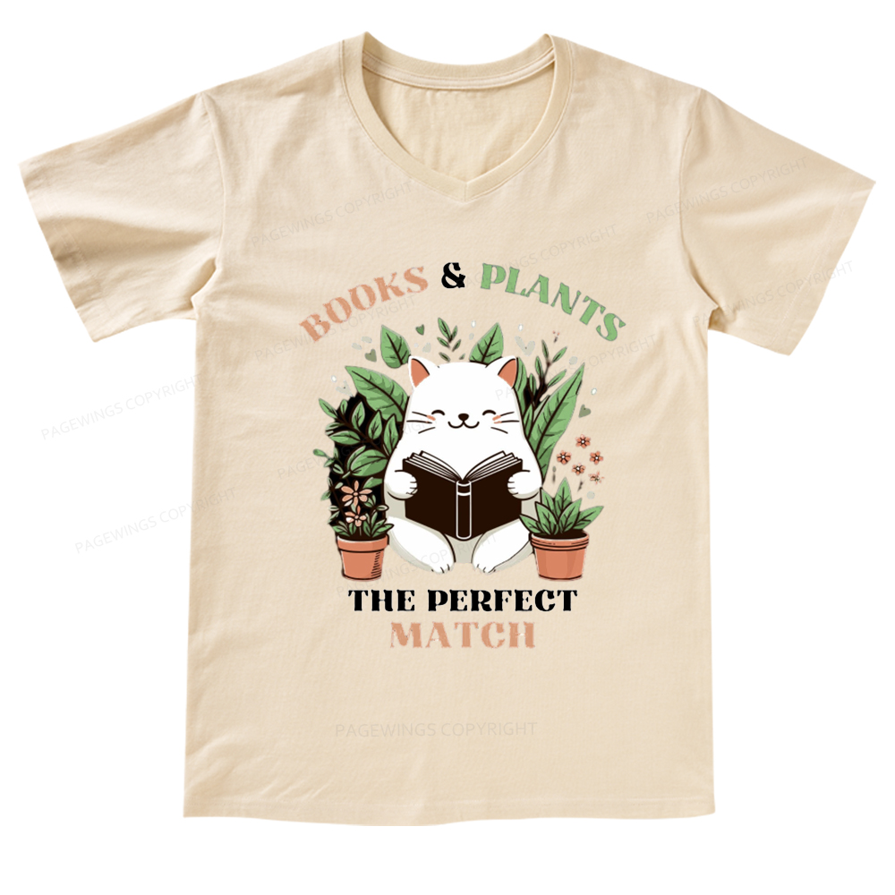 Pagewings Books And Plants The Perfect Match T-Shirt V-neck T-shirt