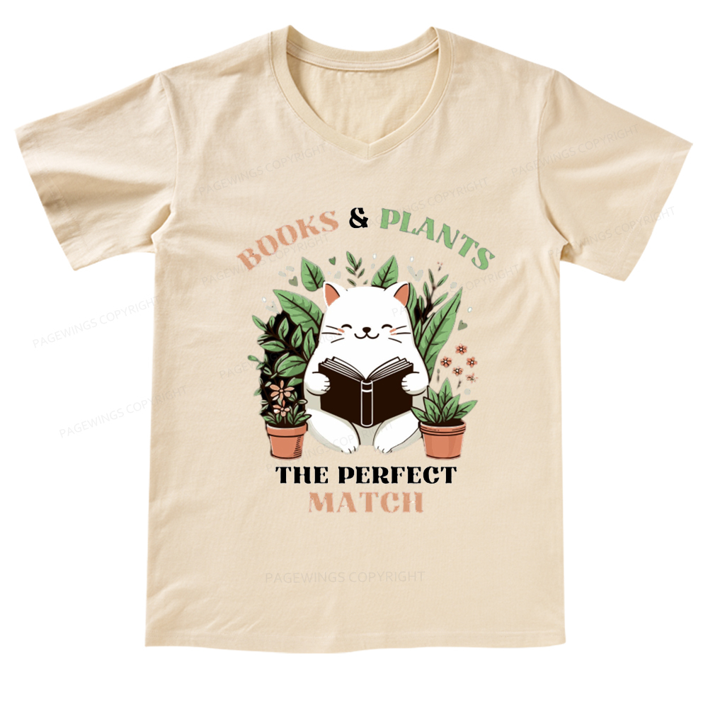 Pagewings Books And Plants The Perfect Match T-Shirt V-neck T-shirt