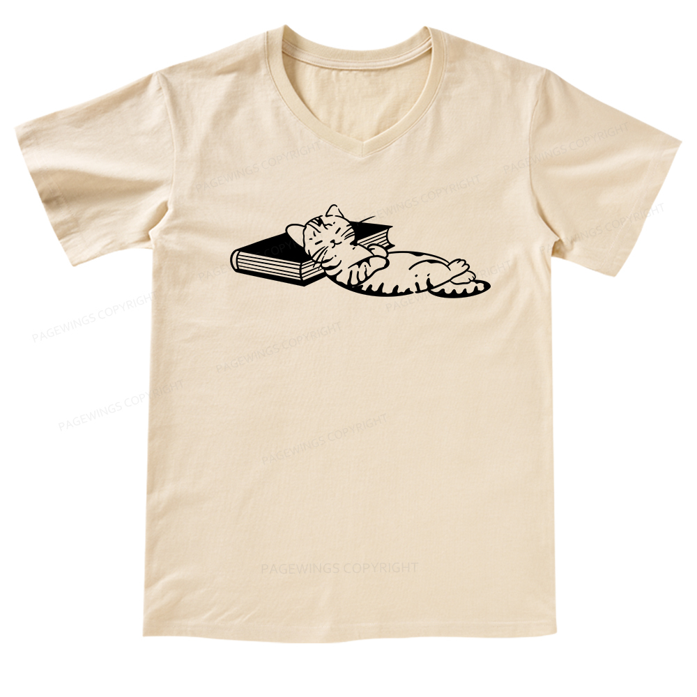 Pagewings A Cat Sleeping On The Book V-neck T-shirt