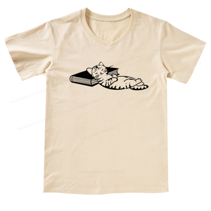 Pagewings A Cat Sleeping On The Book V-neck T-shirt