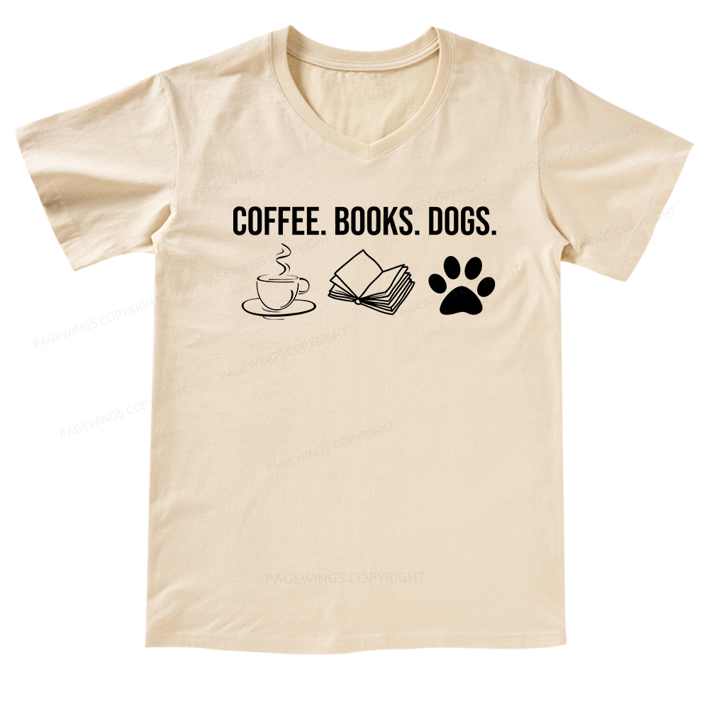 Pagewings Coffee Books and Dogs V-neck T-shirt
