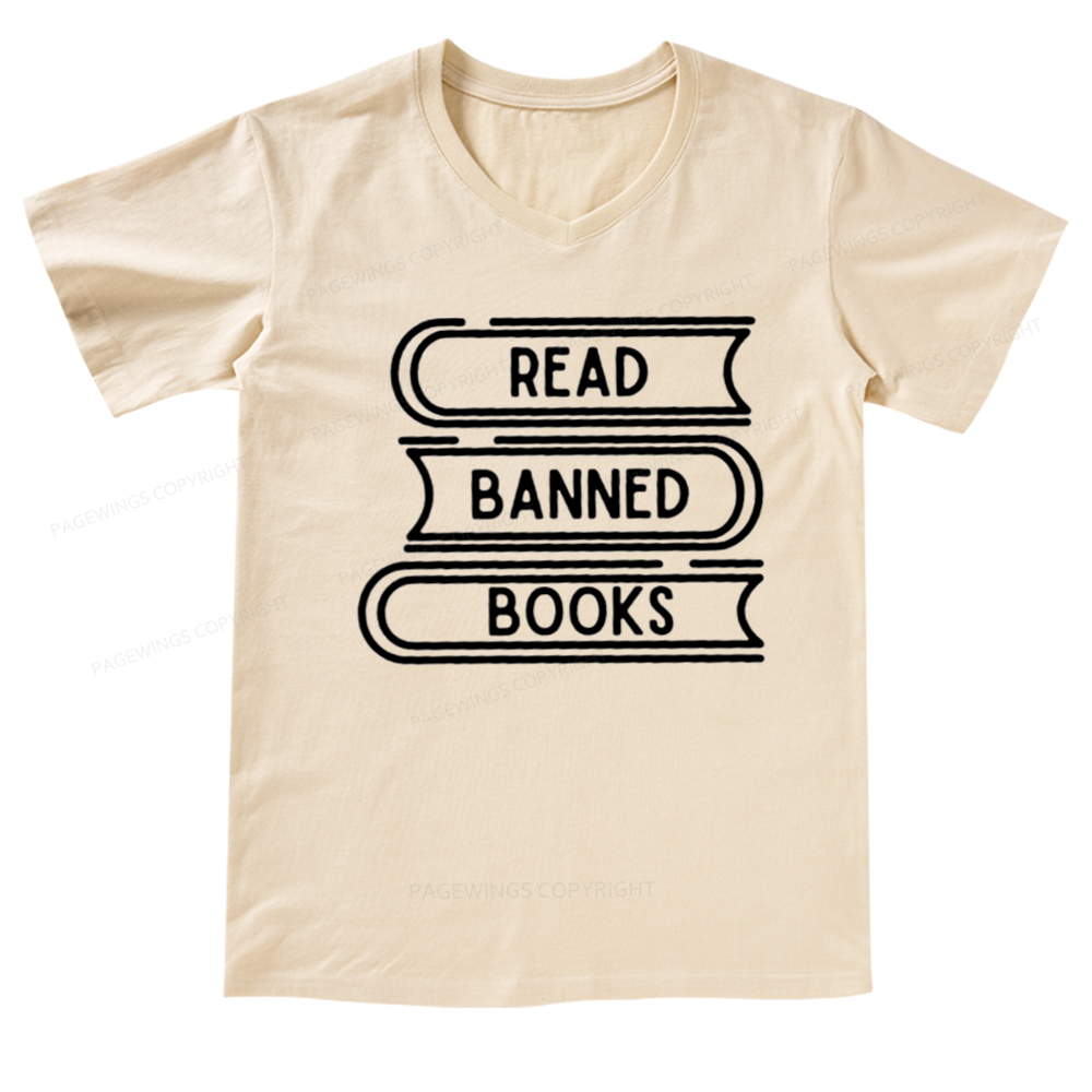 Pagewings Read Banned Books Stack V-neck T-shirt