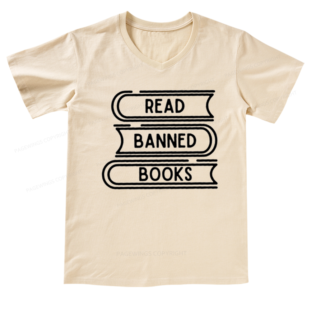 Pagewings Read Banned Books Stack V-neck T-shirt