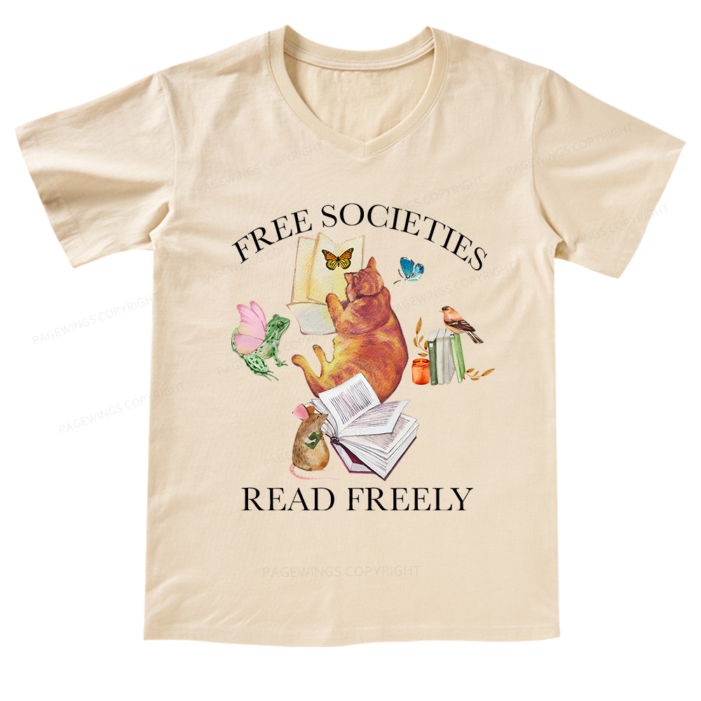 Pagewings Free societies read freely V-neck T-shirt