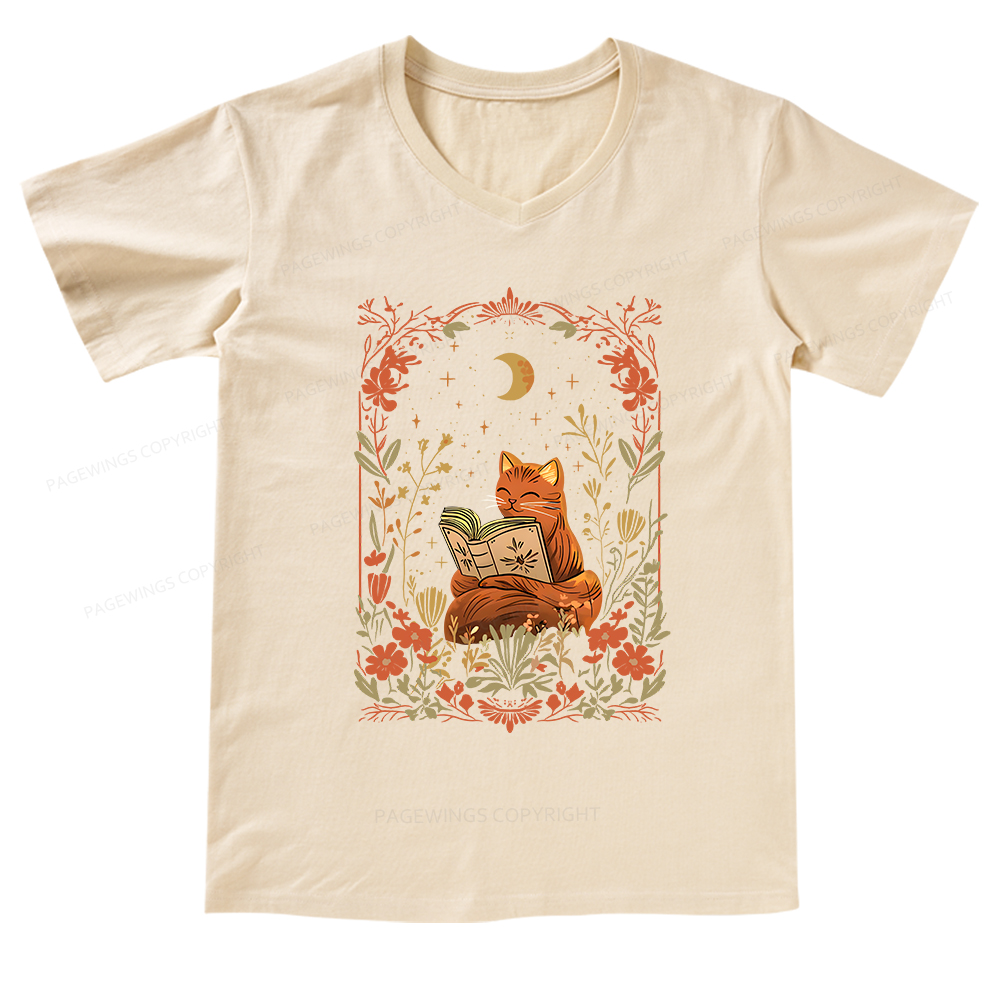 Pagewings Cat Wildflower Book Reading V-neck T-shirt