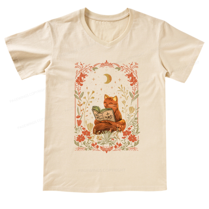Pagewings Cat Wildflower Book Reading V-neck T-shirt