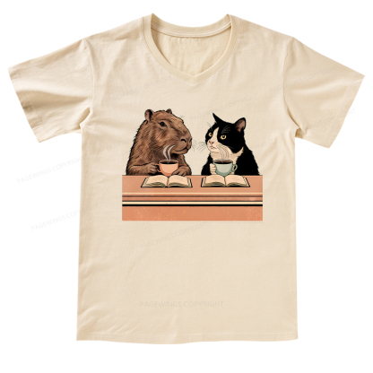 Pagewings Capybara and Tuxedo Cat Chilling with Coffee V-neck T-shirt