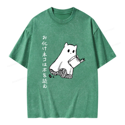 Pagewings Japanese Ghost Cat Reads a Book on Men's Premium T-Shirt Unisex Washed T-shirt