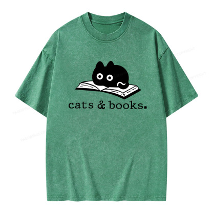 Pagewings Cats and Books Unisex Washed T-shirt