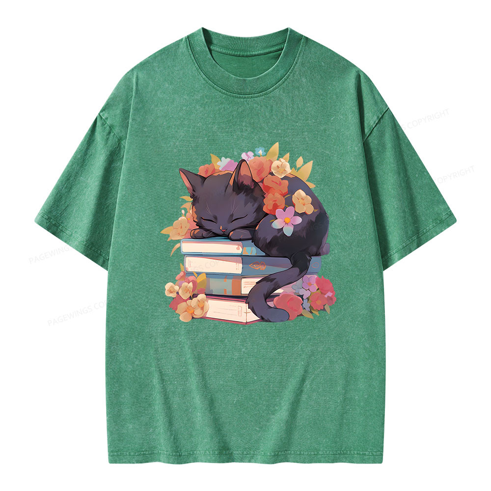Pagewings Black Cat Sleeping on Books Unisex Washed T-shirt