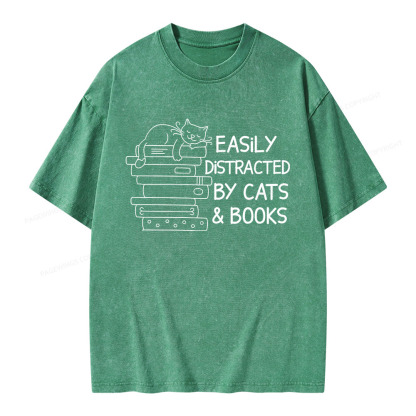 Pagewings Easily Distracted By Cats And Books Unisex Washed T-shirt