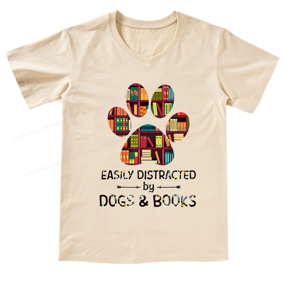 Pagewings Easily Distracted By Dogs And Books V-neck T-shirt