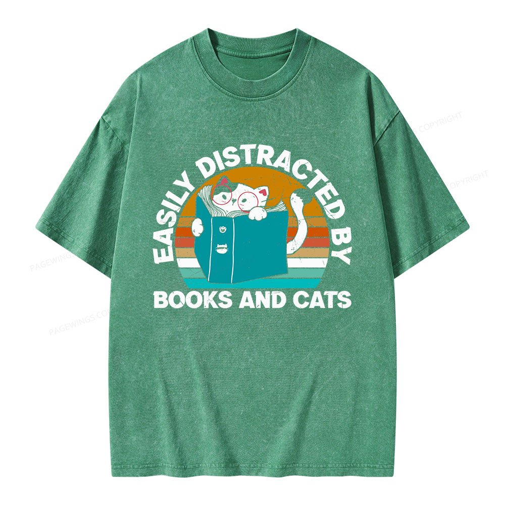 Pagewings Easily Distracted By Books And Cats Unisex Washed T-shirt