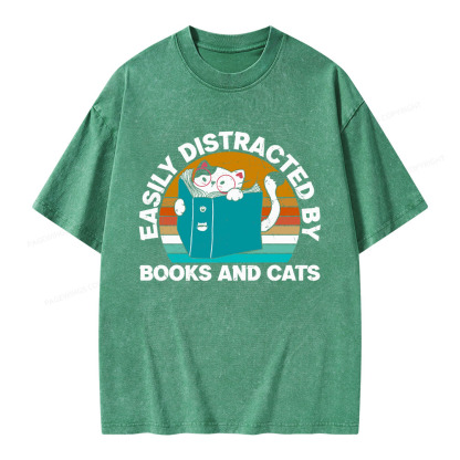 Pagewings Easily Distracted By Books And Cats Unisex Washed T-shirt