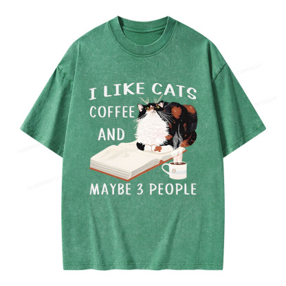 Pagewings I Like Cats Coffee And Maybe 3 People Unisex Washed T-shirt