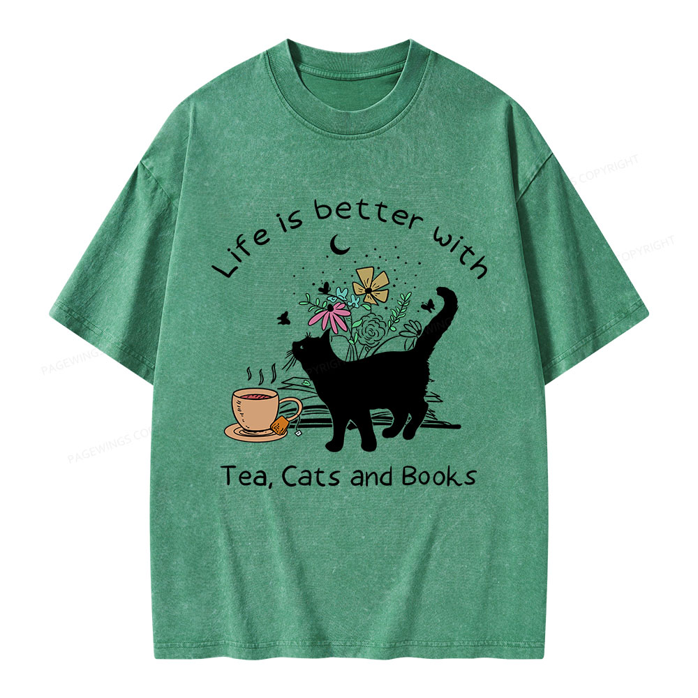 Pagewings Life Is Better With Tea Cats And Books Unisex Washed T-shirt