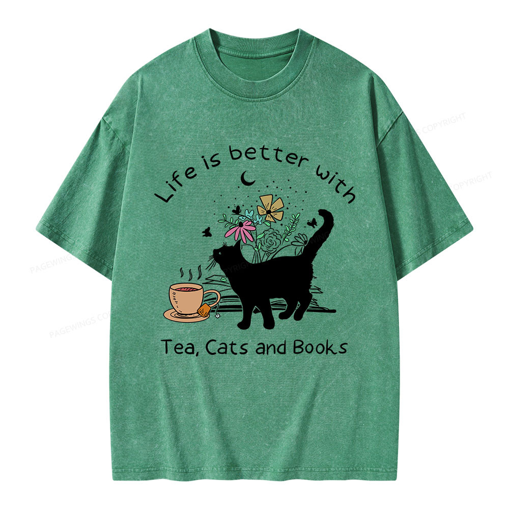 Pagewings Life Is Better With Tea Cats And Books Unisex Washed T-shirt
