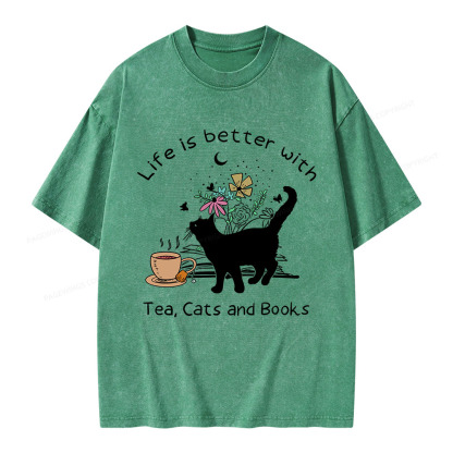 Pagewings Life Is Better With Tea Cats And Books Unisex Washed T-shirt