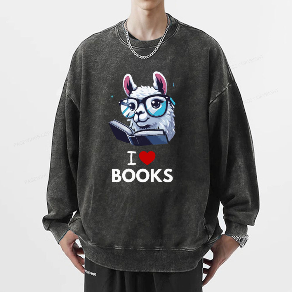 Pagewings  love Books Lama Reading Gift on Women’s Unisex Washed Sweatshirt