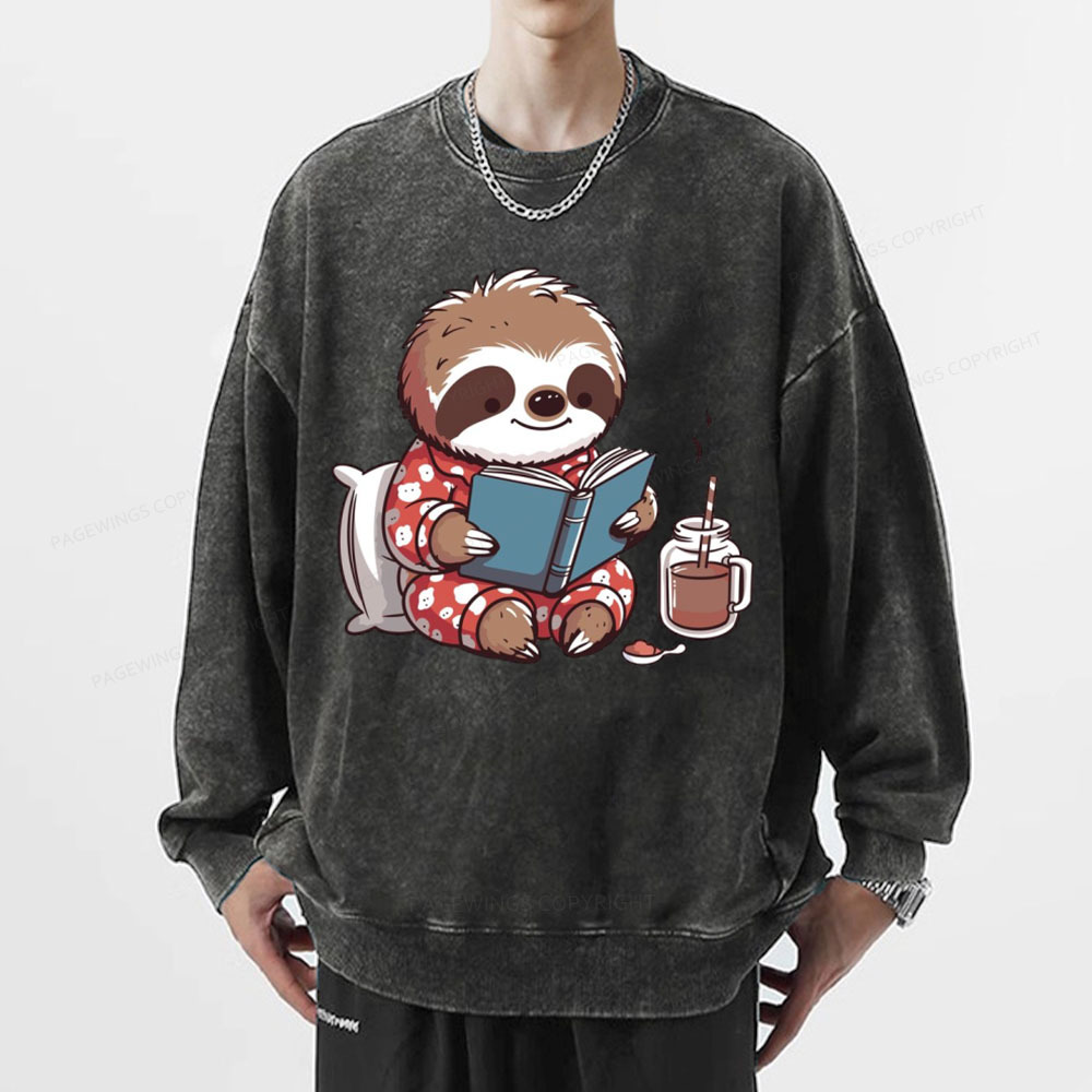Pagewings Books Sloth Book lover Gift cute sloth on Unisex Washed Sweatshirt