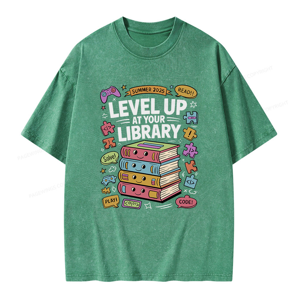Pagewings Level Up at Your Library Summer 2025 Unisex Washed T-shirt