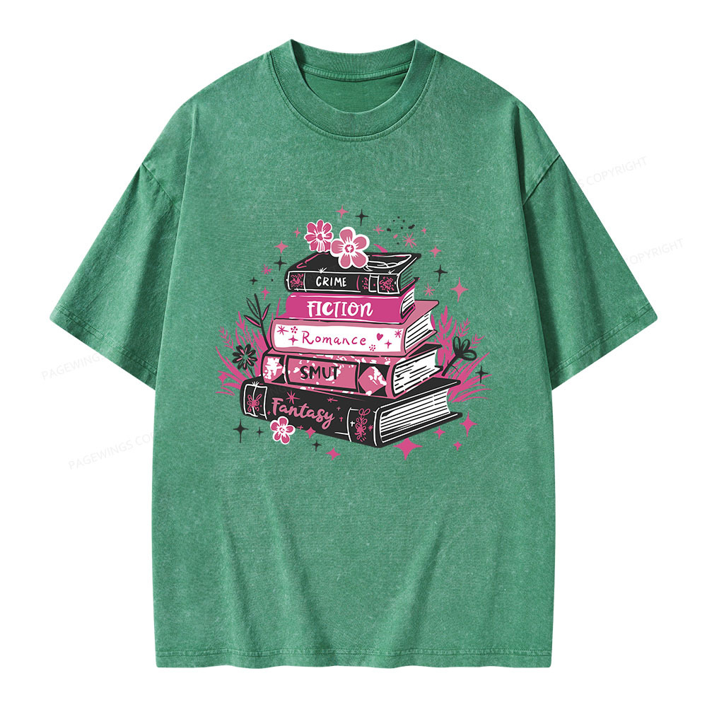 Pagewings Floral Book Stack Book Lover Unisex Washed T-shirt