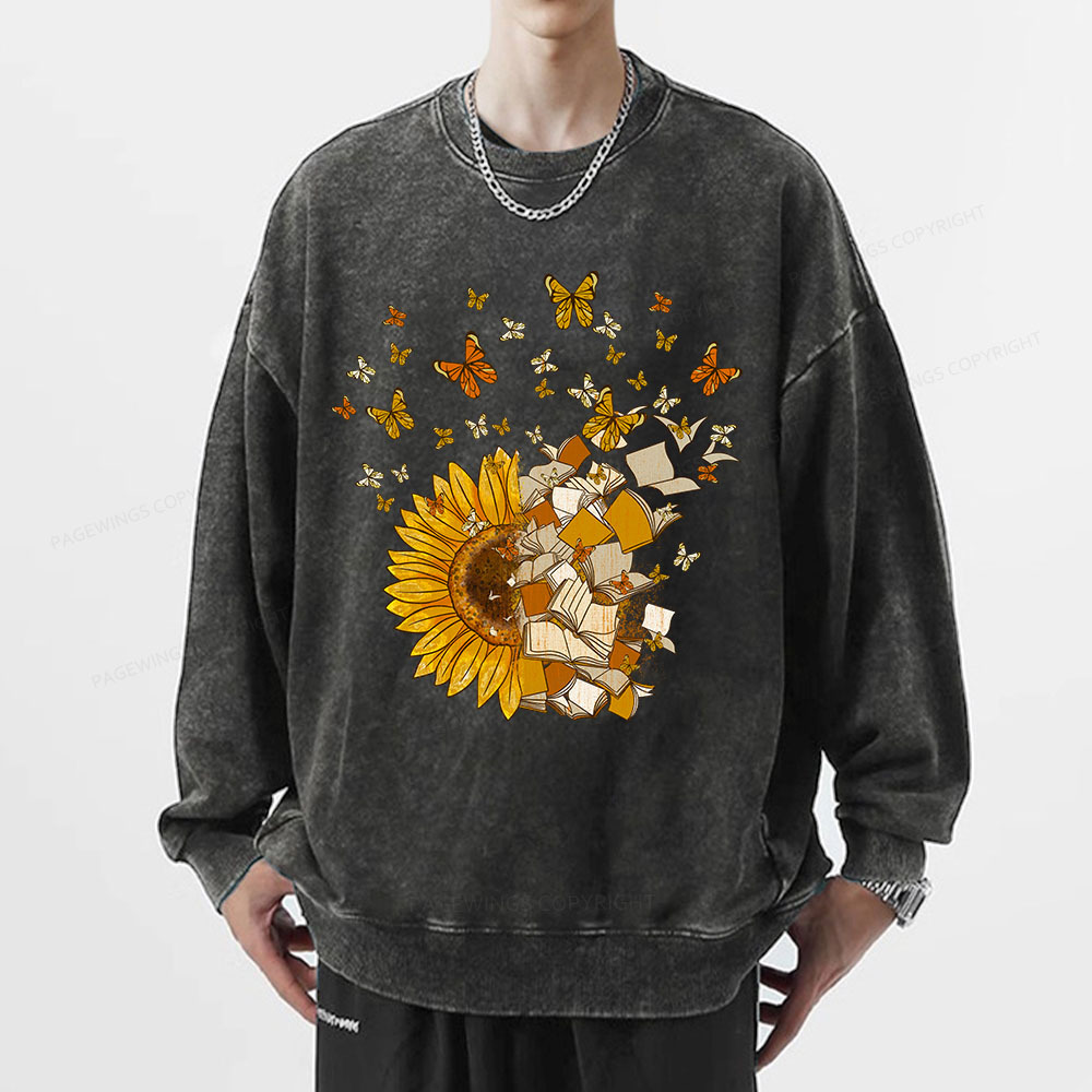 Pagewings Sunflower And Book Harmony Unisex Washed Sweatshirt
