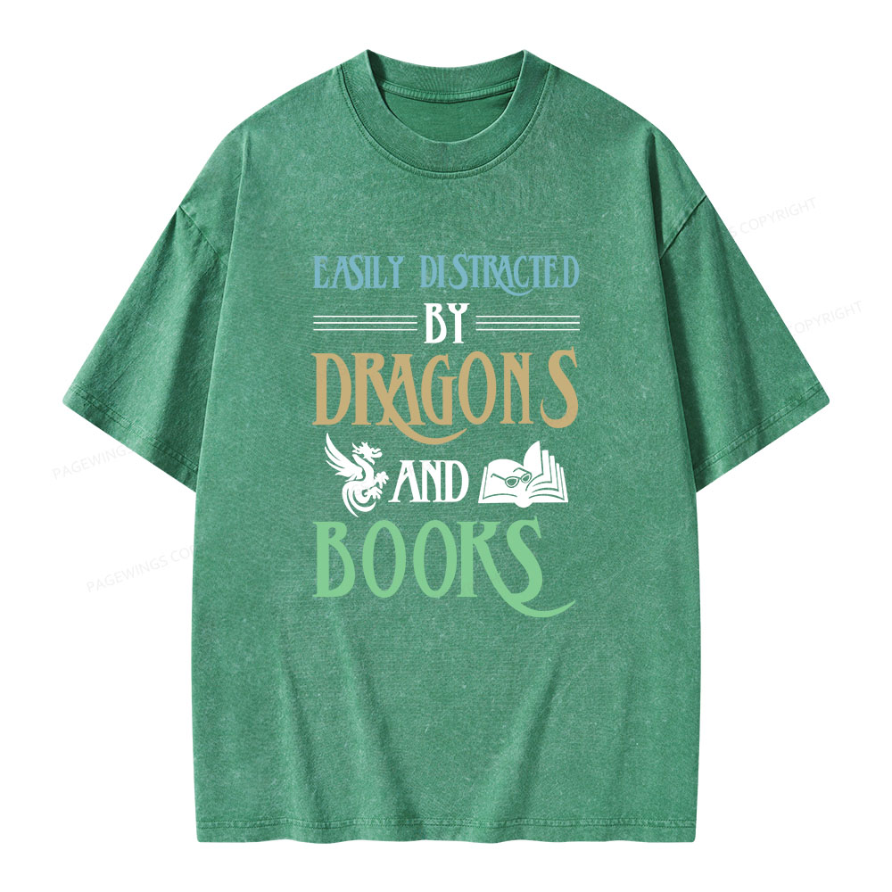 Pagewings Easily Distracted By Dragons And Books Unisex Washed T-shirt