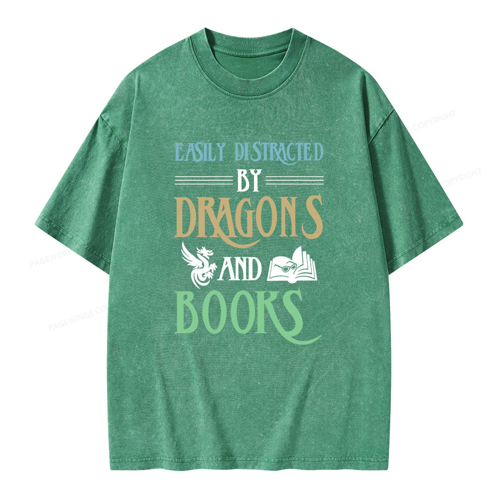Pagewings Easily Distracted By Dragons And Books Unisex Washed T-shirt