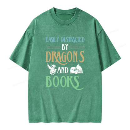 Pagewings Easily Distracted By Dragons And Books Unisex Washed T-shirt