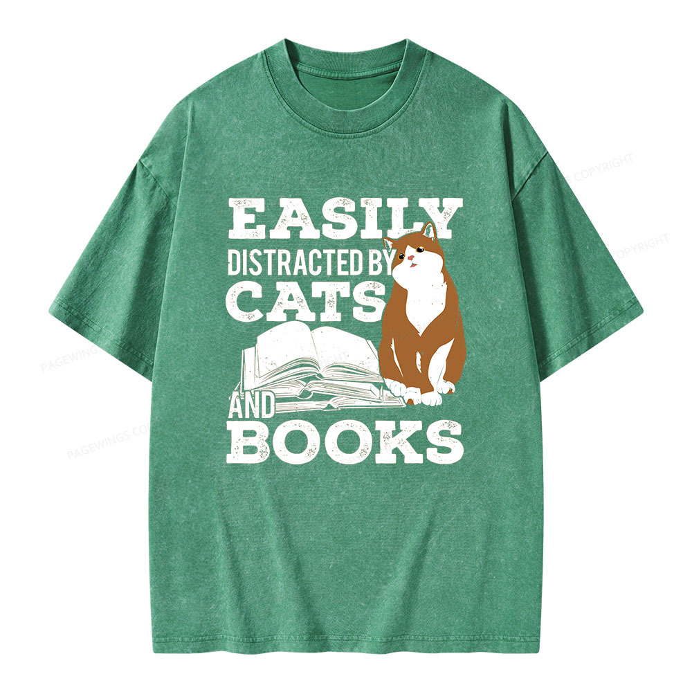 Pagewings Easily Distracted By Cats And Books All Year Unisex Washed T-shirt