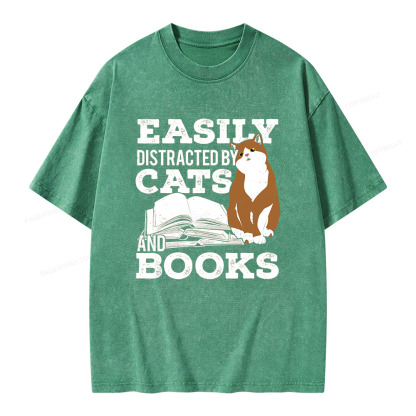 Pagewings Easily Distracted By Cats And Books All Year Unisex Washed T-shirt