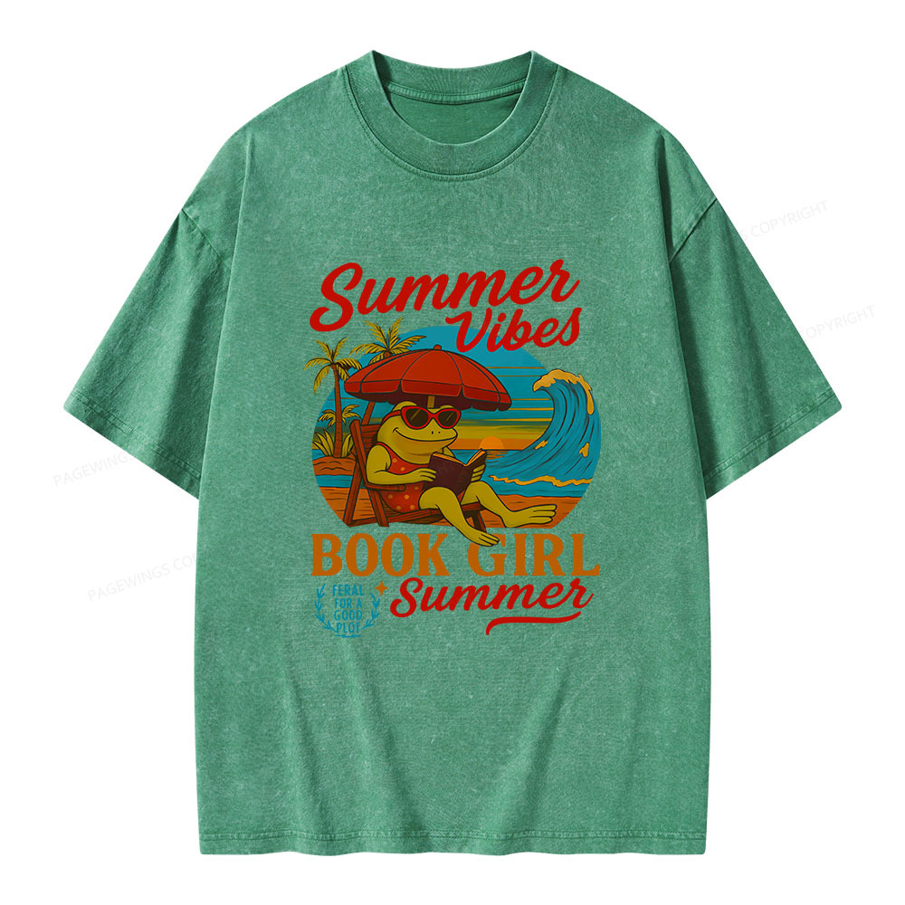 Pagewings Book Girl Summer Feral Raccoon Unisex Washed T-shirt