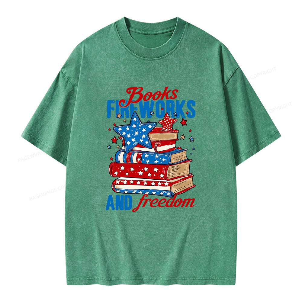Pagewings Books Fireworks and Freedom Retro Unisex Washed T-shirt