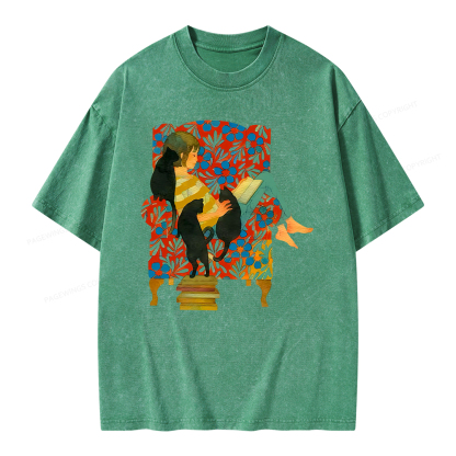 Pagewing A girl reading a book on the sofa Unisex Washed T-shirt