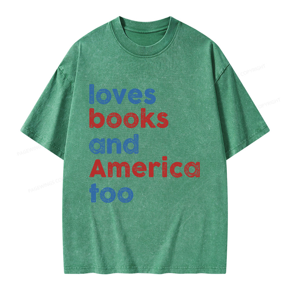 Pagewings Loves Books and America Too Unisex Washed T-shirt