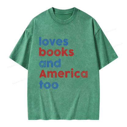 Pagewings Loves Books and America Too Unisex Washed T-shirt